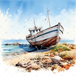 Shipwreck On Shore Clipart Bundle High Quality Watercolor Jpgs