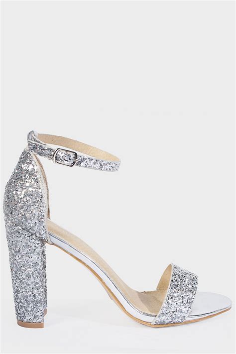 Glitter Strappy Chunky Heels In 2020 Silver Strappy Heels Prom Heels