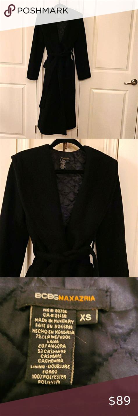 BCBG Max Azria Black Wool And Cashmere Hooded Coat Bcbg Coat Hooded