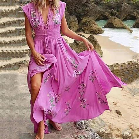 Cheap Women Casual Loose Bohemian Floral Dress Short Sleeve Long Maxi Summer Beach Swing Dress