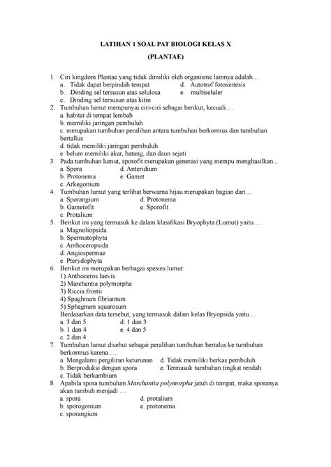 Latihan 1 Soal Pat Biologi Kelas X 105009 Latihan 1 Soal Pat Biologi