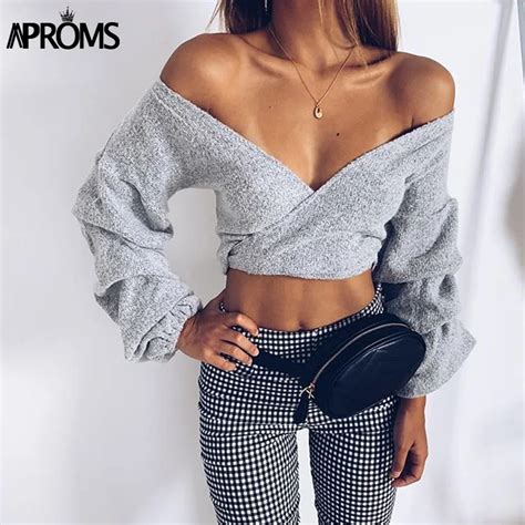 Aproms Sexy Deep V Neck Bow Tie Crop Top Women Autumn Gray Long Sleeve