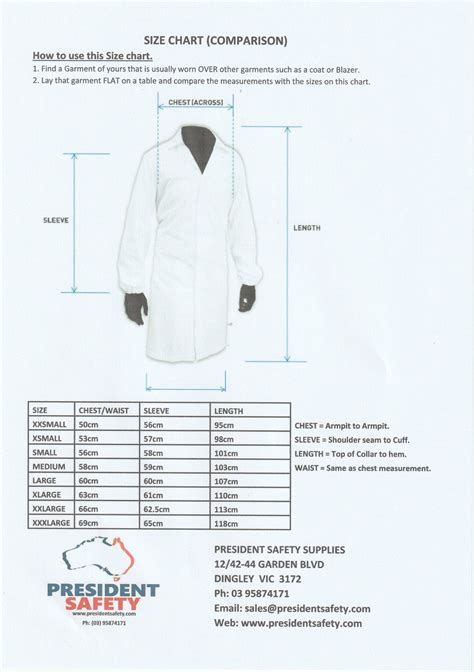 Lab Coat Size Chart President Safety Wear