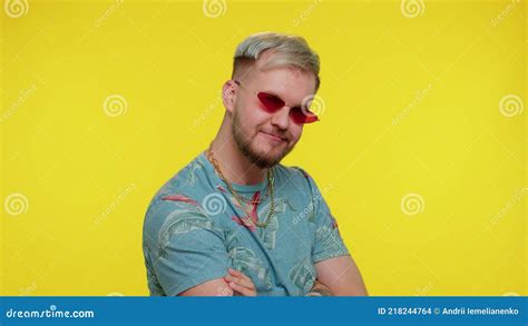 Seductive Cheerful Stylish Man In Blue T Shirt Wearing Sunglasses