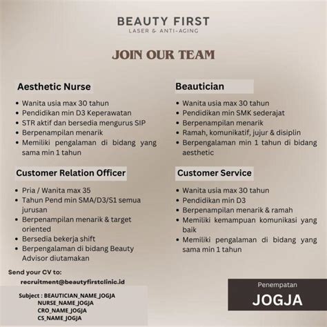 Lowongan Kerja Aesthetic Nurse Beautician Customer Relaton Officer