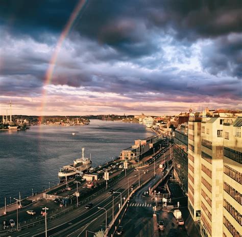 Premium Photo | Stockholm sunset with rainbow