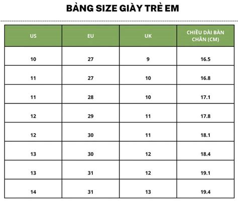 Bảng Size Giày Trẻ Em Việt Nam Quốc Tế Chuẩn Xác Nhất Supersports