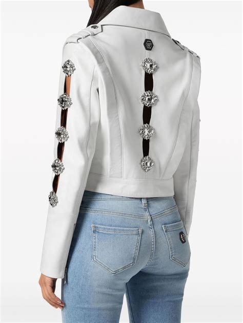 Philipp Plein Crystal Embellished Biker Jacket White FARFETCH