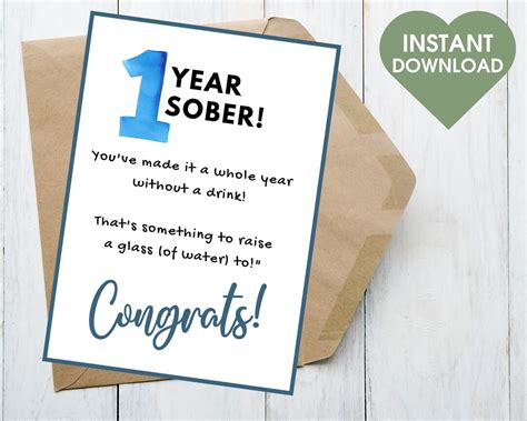 1 Year Sober Printable Card Digital Sobriety Card Soberversary Card