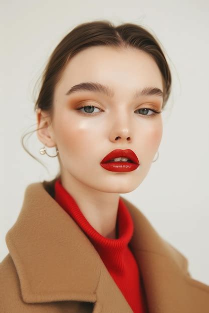 Woman In Coat With Makeup Round Buttons Model Brunette Premium Ai