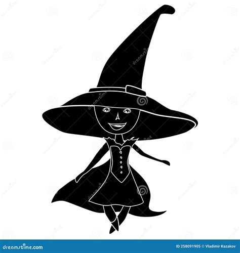 Black Silhouette Of Sorceress In Dress And Cloak With Big Witches Hat