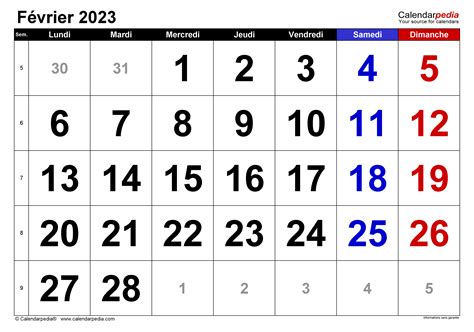 Calendrier F Vrier Excel Word Et Pdf Calendarpedia