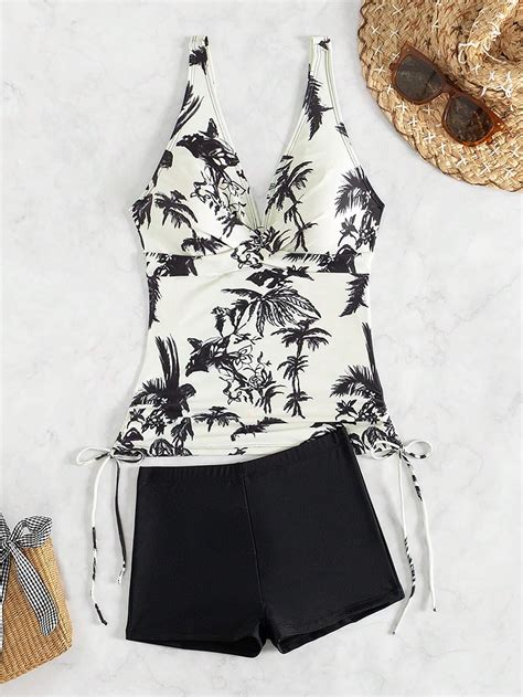 Coconut Tree Print Spliced V Neck Bikini Swimsuit Set Two Piece Beach