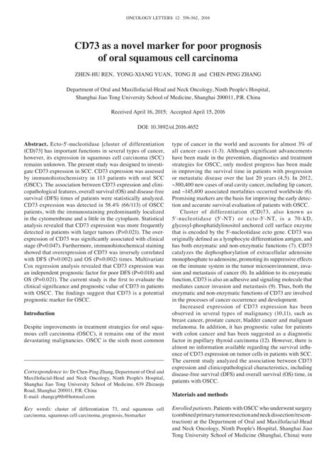 PDF CD73 As A Novel Marker For Poor Prognosis Of Oral Squamous Cell