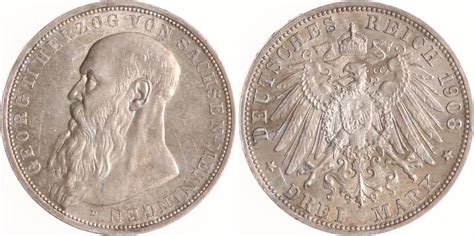 Sachsen Meiningen 3 Mark 1908 D Georg II 1866 1914 Vorzüglich