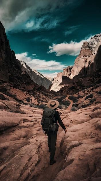 Hiker In Rocky Valley Premium Ai Generated Image