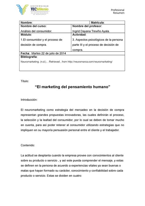 An Lisis Del Consumidor Actividad Profesional Resumen Nombre