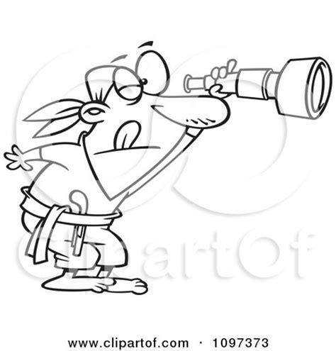 Clipart Outlined Pirate Peering Through A Spyglass Telescope - Royalty Free Vector Illustration ...