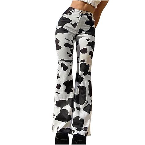 XFLWAM Women S Cow Print High Waist Wide Leg Jeans Casual Flare Bell