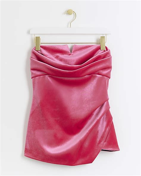 Pink Velvet Ruched Bandeau Top River Island