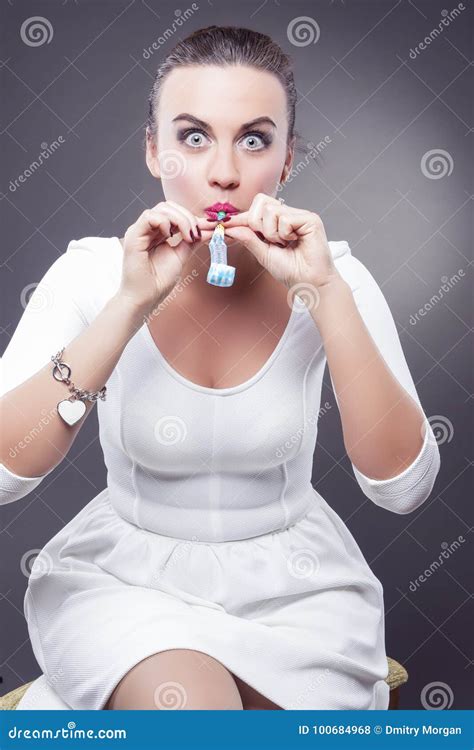 Celebrations Concepts Pretty And Funny Caucasian Brunette Blowing Whistle Stock Photo Image