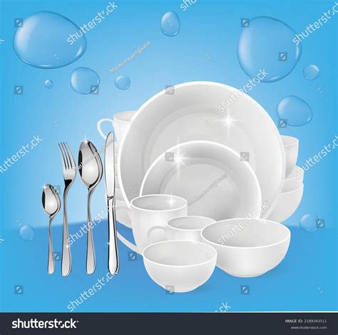 Realistic Stack Plates Cutlery Clean Dishes Stock Vector Royalty Free