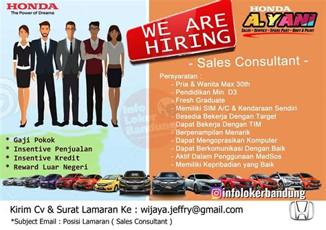 Lowongan Kerja Sales Consultant Honda Ahmad Yani Bandung Oktober