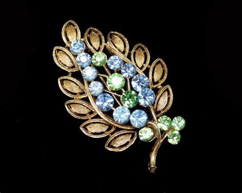 Vintage Rhinestone Leaf Brooch Green And Blue Rhinestones