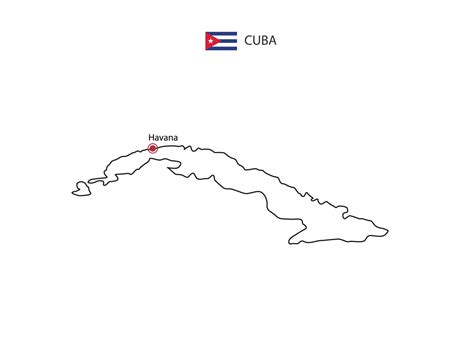 Hand Draw Thin Black Line Vector Of Cuba Map With Capital City Havana