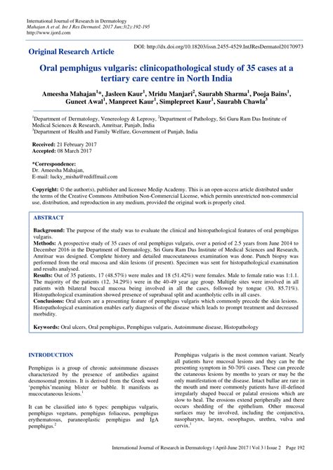 Pdf Oral Pemphigus Vulgaris Clinicopathological Study Of Cases At