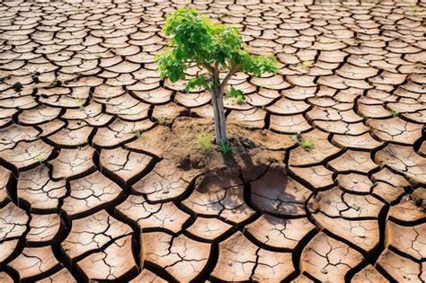 Árbol verde con suelo seco agrietado día de conservación ambiental