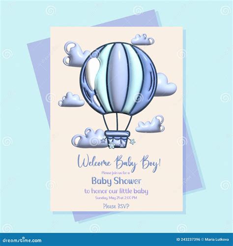 D Baby Shower Invitation With Cartoon Hot Air Balloon On Blue And Beige Background It S A Boy