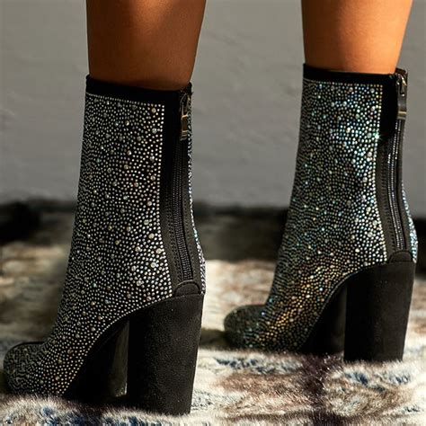 Pointed Toe Chunky Heels Rhinestone Crystal Ankle Boots With Zipper Thecelebritydresses