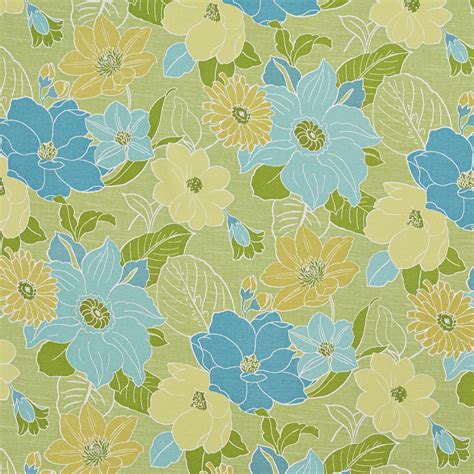 Green And Blue Flowers And Leaves Outdoor Print Upholstery Fabric By ...