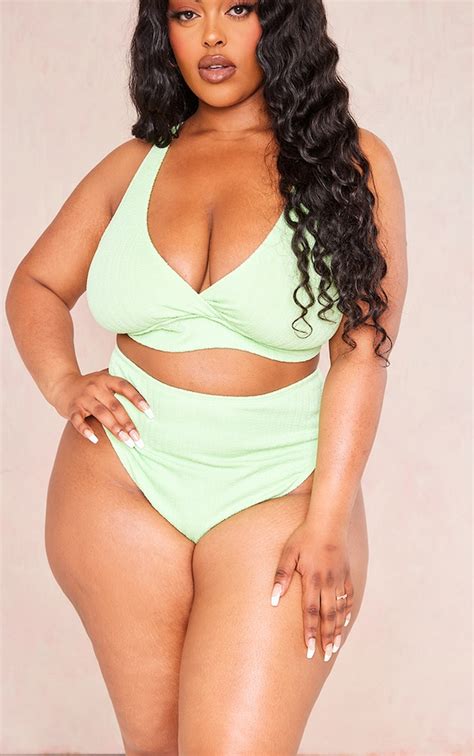 Plus Lime Textured High Waisted Bikini Bottoms Plus Size