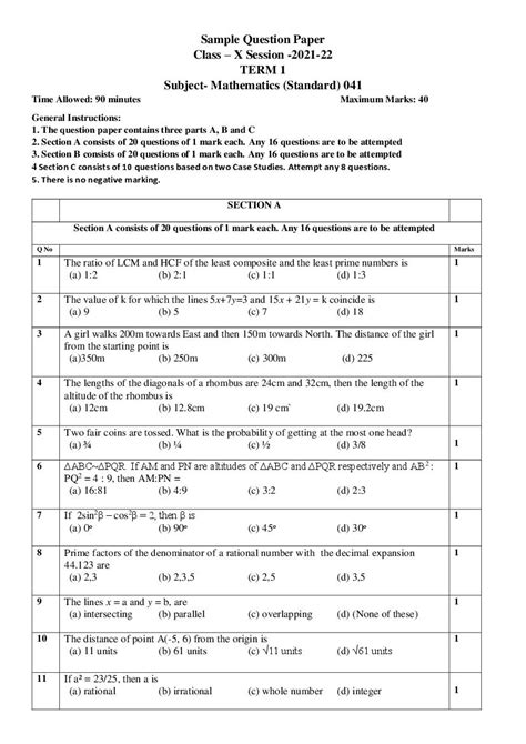 Cbse Class 10 Sample Paper 2022 For Maths Standard Term 1