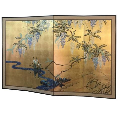 Hand Painted Japanese Folding Screen Byobu Floral Painting Watercolor