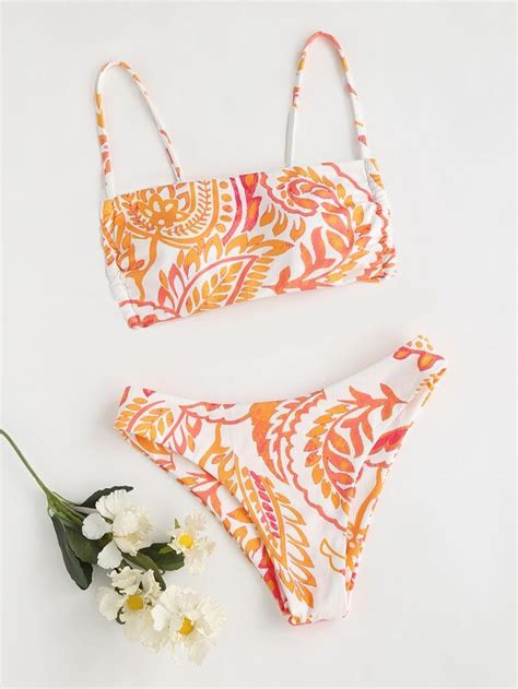 Shein Swim Bohofeel Random Plant Print Bikini Set Tie Back Wireless Bra Top And Hipster Bikini