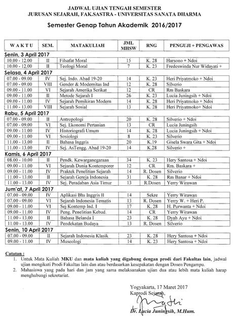 Jadwal UTS Semester Genap 2016 2017 Program Studi Sejarah USD