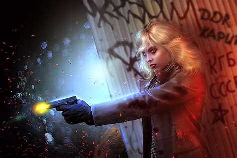 Hd Wallpaper Gun Charlize Theron Blonde Killer Art Lorraine Broughton Wallpaper Flare