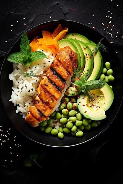 Premium AI Image A Black Plate Topped With Rice Avocado And Salmon