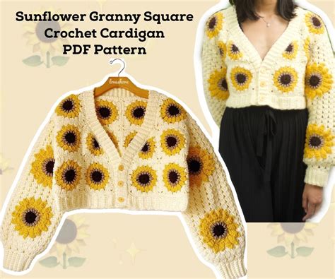 Sunflower Granny Square Crochet Cardigan Pdf Pattern Etsy