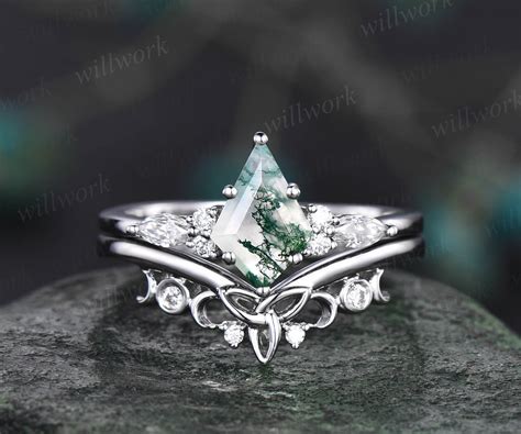 Moss Agate Ring Kite Cut Moss Agate Engagement Ring Set Rose Etsy