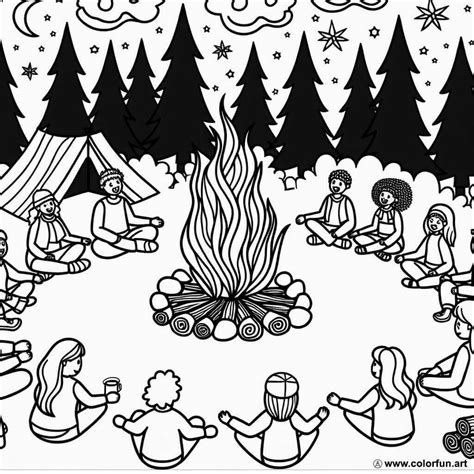 Coloriage autour du feu de camp à Télécharger ou à Imprimer gratuitement