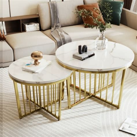 Simplie Fun Modern Round Nesting Coffee Table Set 2 Piece White And Marbling Top Gold Base 1