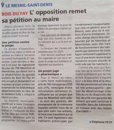 Notre pétition est dans la presse Association Le Mesnil Au Coeur