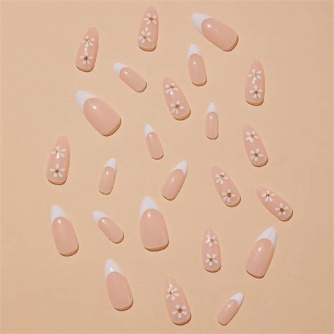 Almond Press On Nails Nude Shade French Tips Floral Pattern Rainboo Beauty
