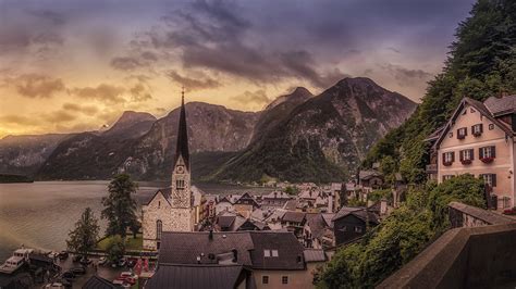 Images Hallstatt Austria Mountains Lake Houses Cities 2560x1440