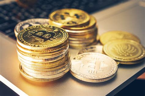 Crypto Currency Coins On Top Of Computer Keyboard Editorial Stock Photo