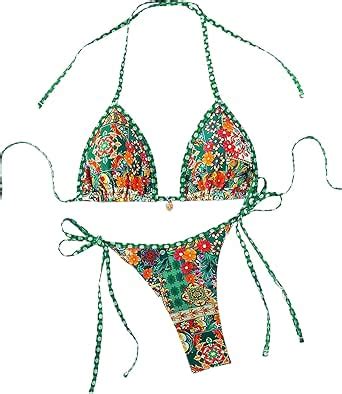 Amazon Beaudrm Women S Piece Floral Bikini Boho Halter Triangle Bikini Set Tie Back